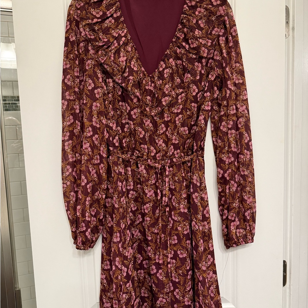LOFT Red Bishop Sleeve Tie Mini Dress